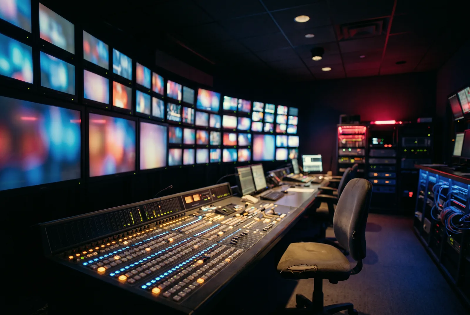 The Loungest gallery at night: a wall of monitors above the vision mixing desk.